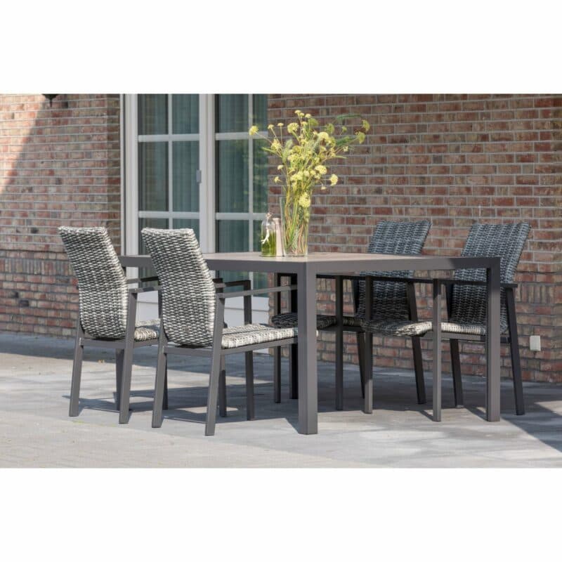 Hartman Stapelstuhl "Santa Marta", Alu grau, Geflecht diamantgrau, Tisch "Tanger" 168x105 cm, Gestell Alu xerix (grau), Tischplatte Keramikfliesen in grauer Holzoptik