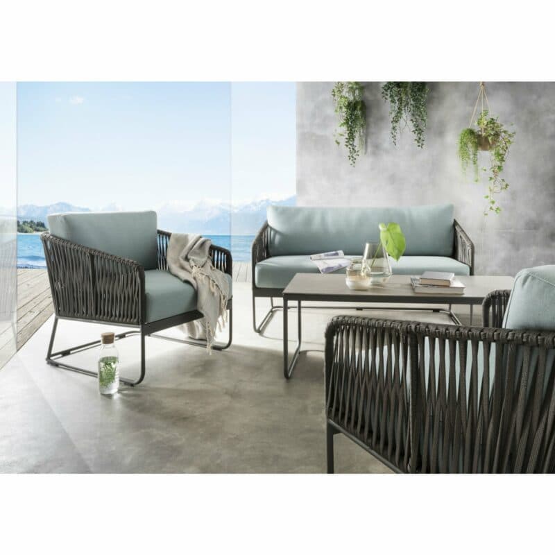 SIT Mobilia Loungeset "Carvallo“, Gestell Aluminium eisengrau, Bespannung Flatrope braun, Kissen Southend Sea Green