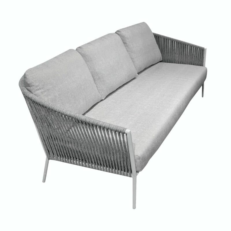 Jati&Kebon "Fortuna" 3-Sitzer Loungesofa, Gestell Aluminium weiß, Bespannung Rope hellgrau melange, Kissen Natté Grey Chiné, Sitzkissen im Original 3-teilig
