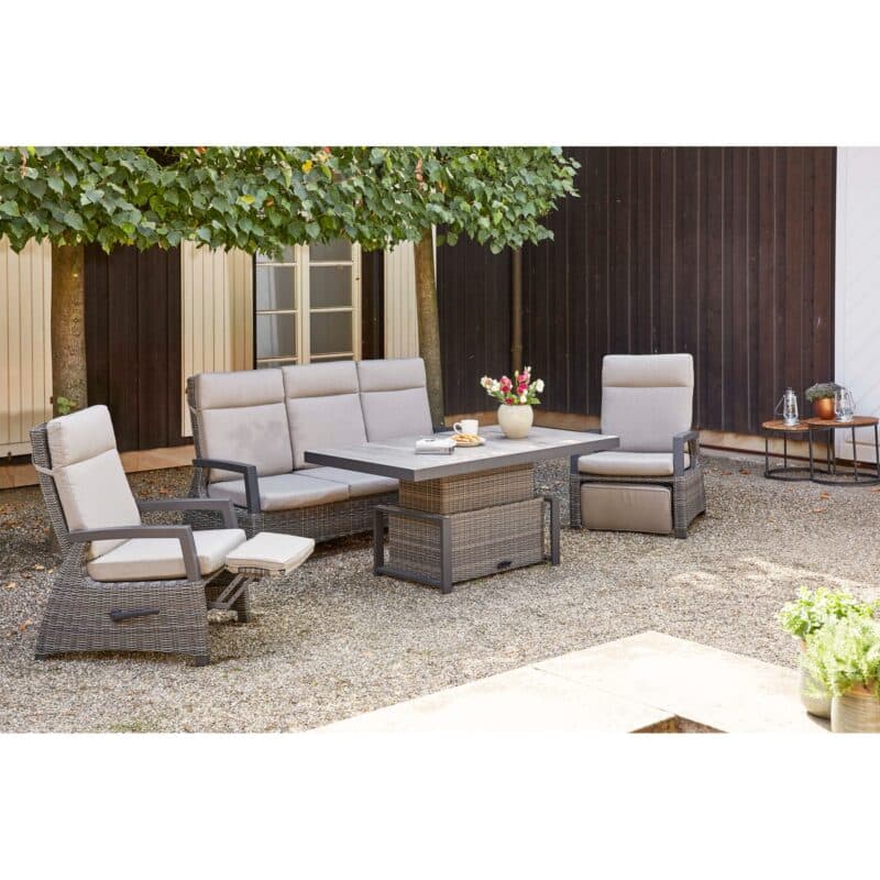 Siena Garden "Corido" Relaxsessel mit Loungesofa und Lift-Tisch 160x90 cm, Gestell Aluminium anthrazit matt, Polyrattan Charcoal grey, Tischplatte Keramik