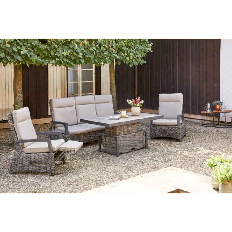 Siena Garden "Corido" Loungesessel, Relaxsessel, Loungesofa und Lift-Tisch 160x90 cm, Gestell Aluminium anthrazit matt, Polyrattan Charcoal grey, Tischplatte Keramik