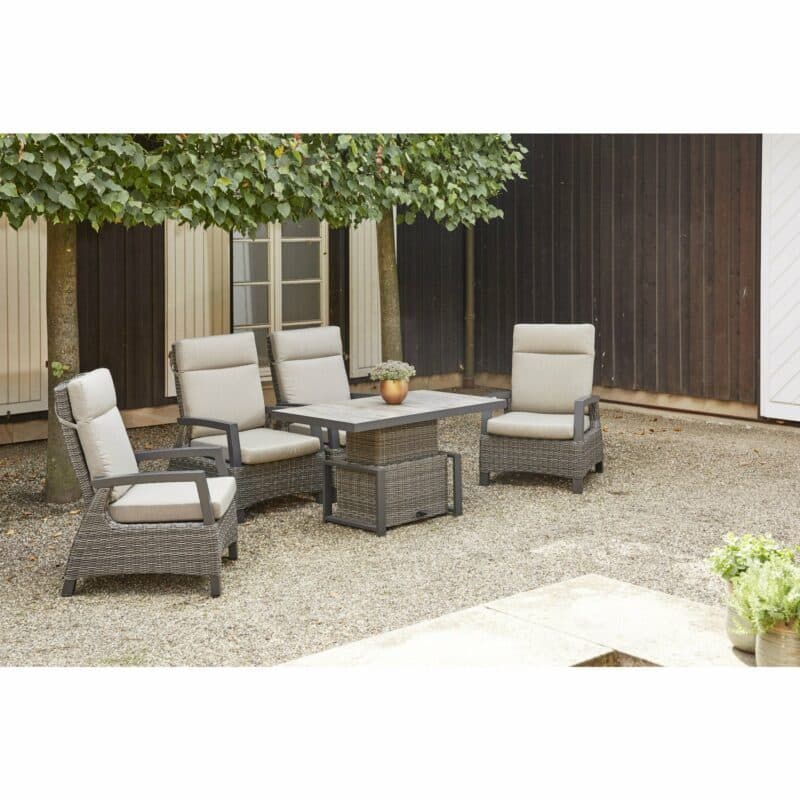 Siena Garden "Corido" Loungeset 5-tlg., Aluminium anthrazit matt, Geflecht charcoal grey, Lifttisch mit Keramikplatte 130×75 cm