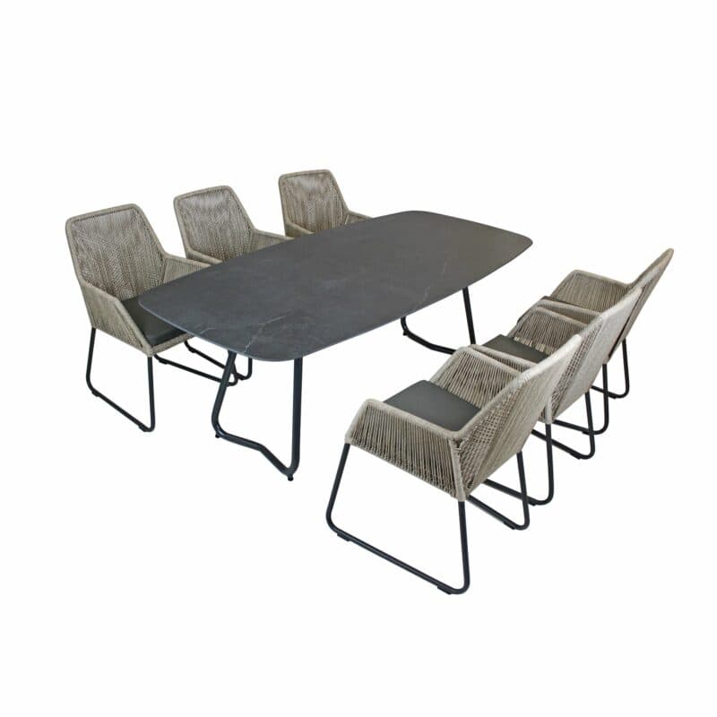 SIT Mobilia Set mit Gartentisch "Jura-Delemont", Gestell Stahl, Tischplatte Dekton Laos, 220x100 cm, Stuhl "Allanis", Gestell Alu anthrazit, Bespannung Twisted beige, Kissen anthrazit