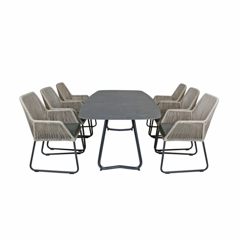 SIT Mobilia Set mit Gartentisch "Jura-Delemont", Gestell Stahl, Tischplatte Dekton Laos, 220x100 cm, Stuhl "Allanis", Gestell Alu anthrazit, Bespannung Twisted beige, Kissen anthrazit