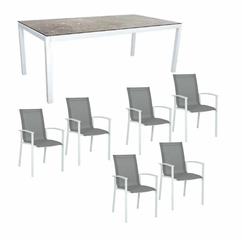 Stern Gartenmöbel-Set "Evoee", Gestelle Aluminium weiß, Tischplatte HPL Vintage Stone 200x100 cm, Sitz- und Rückenfläche Textilgewebe silberfarben