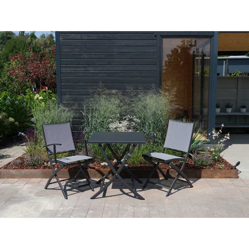 Jati&Kebon "Marida" Klapptisch mit "Feodal" Klappstuhl, Aluminium eisengrau, Textilgewebe silbergrau