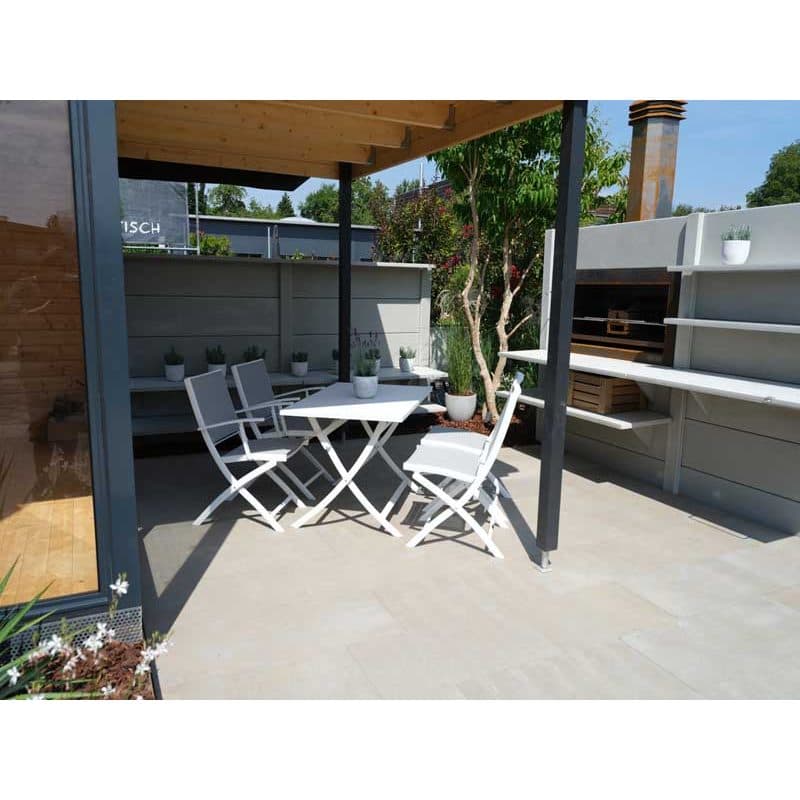 Jati&Kebon "Marida" Klapptisch mit "Feodal" Klappstuhl, Aluminium weiß, Textilgewebe hellgrau