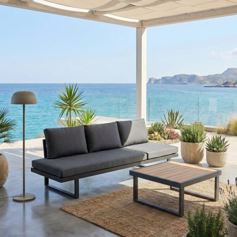 Jati&Kebon "Rao/Rao Rope" Multifunktionsliege, Gestell Aluminium eisengrau, Auflagen Natté Sooty mit Beistelltisch Aluminium eisengrau, Tischplatte Teak, Größe 70x70 cm (KI-generiert)