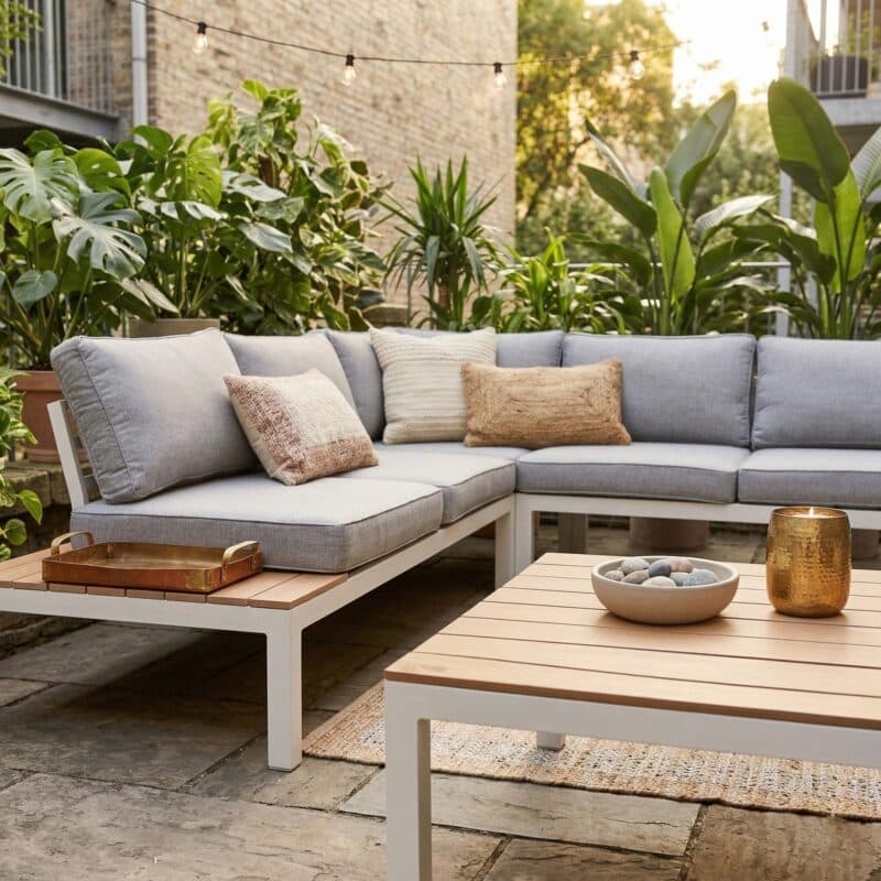 Home Islands "Laos" Loungegruppe, Gestell Aluminium weiß, Kissen hellgrau, Ablagen Polywood (Bild KI-generiert)