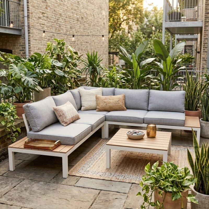 Home Islands "Laos" Loungegruppe, Gestell Aluminium weiß, Kissen hellgrau, Ablagen Polywood (Bild KI-generiert)