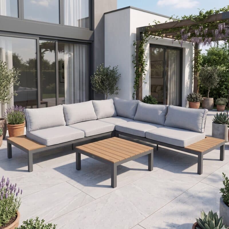 Home Islands "Laos" Loungeset 4-tlg., Gestell Aluminium anthrazit, Kissen hellgrau, Ablagen Polywood