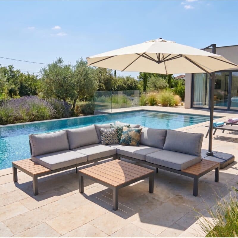 Home Islands "Laos" Loungeset 4-tlg., Gestell Aluminium anthrazit, Kissen hellgrau, Ablagen Polywood