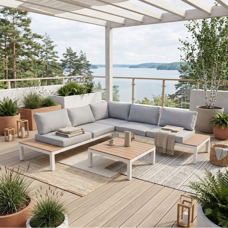 Home Islands "Laos" Loungegruppe, Gestell Aluminium weiß, Kissen hellgrau, Ablagen Polywood (Bild KI-generiert)