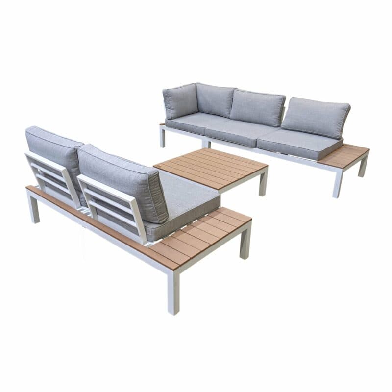Home Islands "Laos" Loungeset 4-tlg., Gestell Aluminium weiß, Kissen hellgrau, Ablagen Polywood, Stellvariante