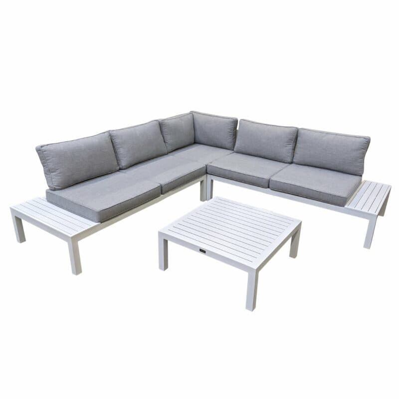 Home Islands "Laos" Loungeset 4-tlg., Gestell Aluminium weiß, Kissen hellgrau, Ablagen Aluminium