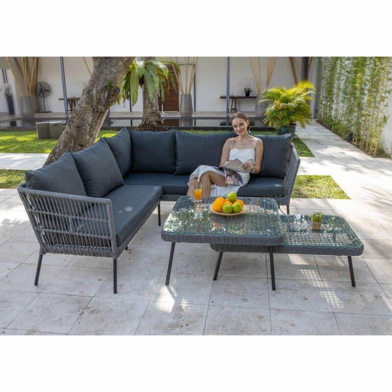 Home Islands Eck-Loungeset "Mekong", Gestell Alu schwarz matt, Bespannung Rope hellgrau, Kissen anthrazit, Tischplatten Glas