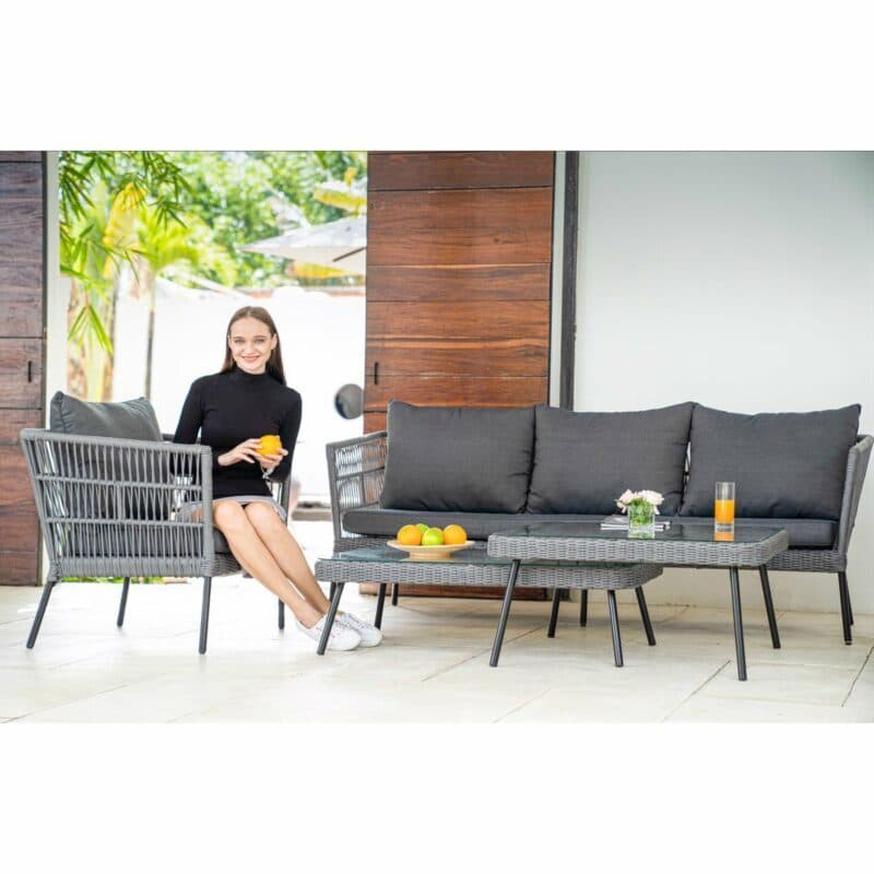 Home Islands Loungeserie "Mekong", Gestell Aluminium schwarz matt, Rope-Bespannung hellgrau, Kissen anthrazit, Tischplatten Glas