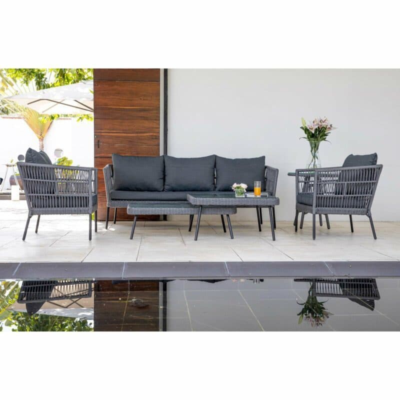 Home Islands Loungeserie "Mekong", Gestell Aluminium schwarz matt, Rope-Bespannung hellgrau, Kissen anthrazit, Tischplatten Glas