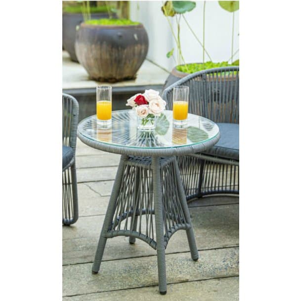 Home Islands Cocktailtisch "Kwai", Gestell Aluminium schwarz matt, Bespannung Rope hellgrau, Tischplatte Glas