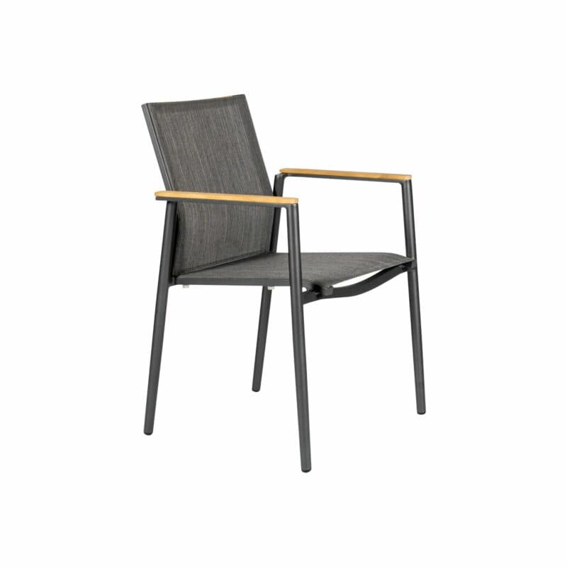Jati&Kebon Stapelstuhl "Arosa", Gestell Aluminium eisengrau matt, Bespannung Textilgewebe Batyline dark grey, Armlehnen Teakholz
