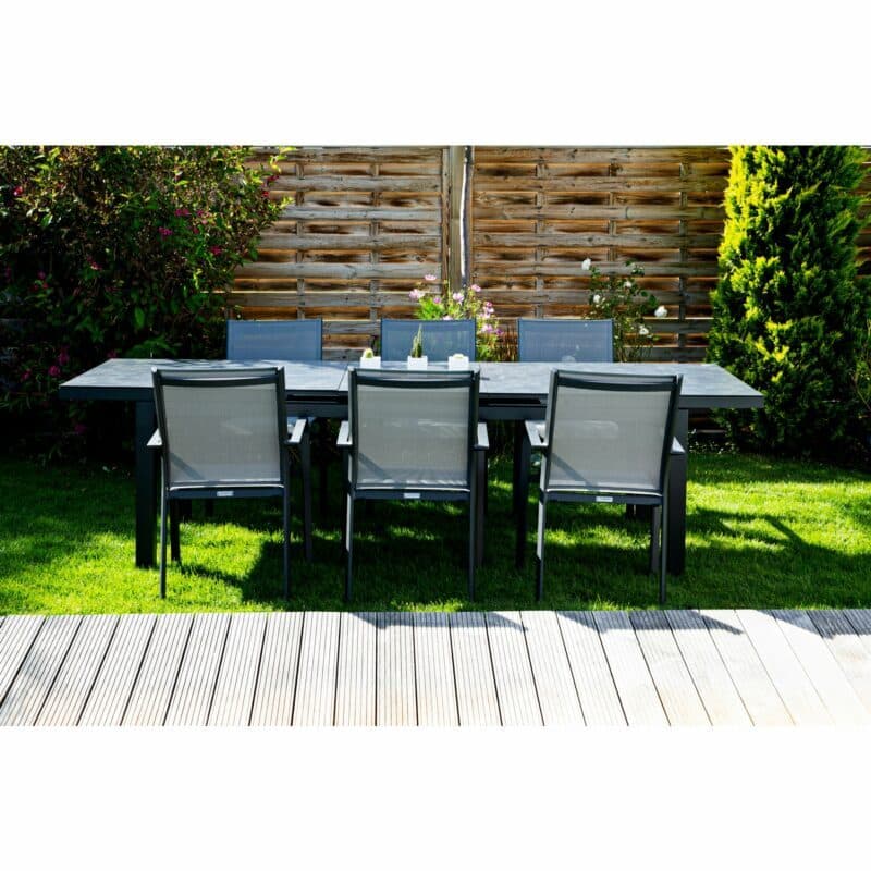 Jati&Kebon Gartenstuhl "Dransy", Gestell Aluminium eisengrau, Textilgewebe silbergrau, Tisch "Gabon", Aluminium eisengrau, Tischplatte HPL