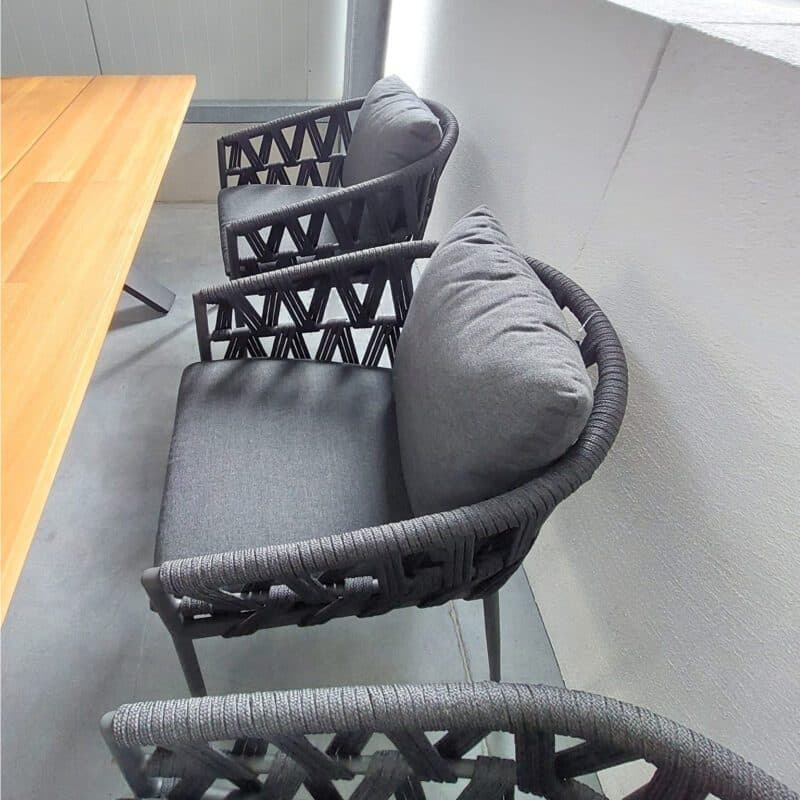 Jati&Kebon Dining-Sessel "Fortuna", Aluminium eisengrau, Rope cross weaving grau meliert, Kissen Natte sooty