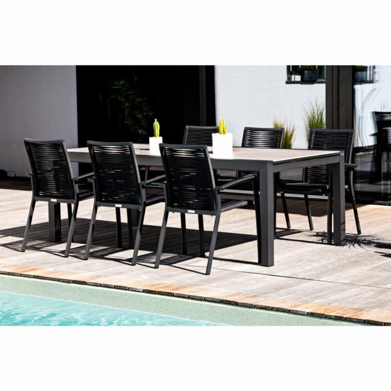 Jati&Kebon Gartenmöbel-Set mit Ausziehtisch "Livorno" und Stapelstühlen "Sevilla", Bespannung Rope (Farbe abweichend), Gestelle Aluminium