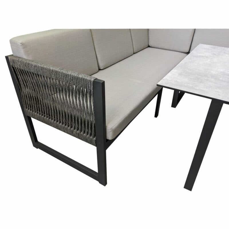 Jati&Kebon "Yoro" Rope, Casual Dining, SET C – lange Seite links | Tischplatte HPL Granit hellgrau, Gestelle Alu eisengrau, Rope grau meliert, Polster Olefin light grey