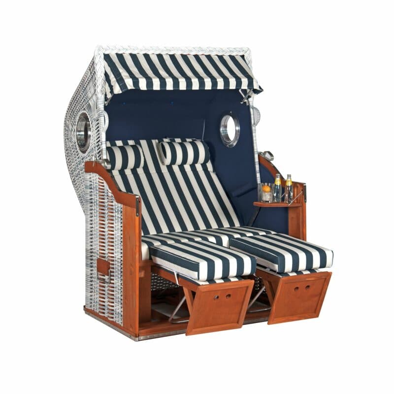 SonnenPartner Strandkorb 2-Sitzer "Classic Bullauge", PE-Kunststoffgeflecht white-washed, Stoff Azur