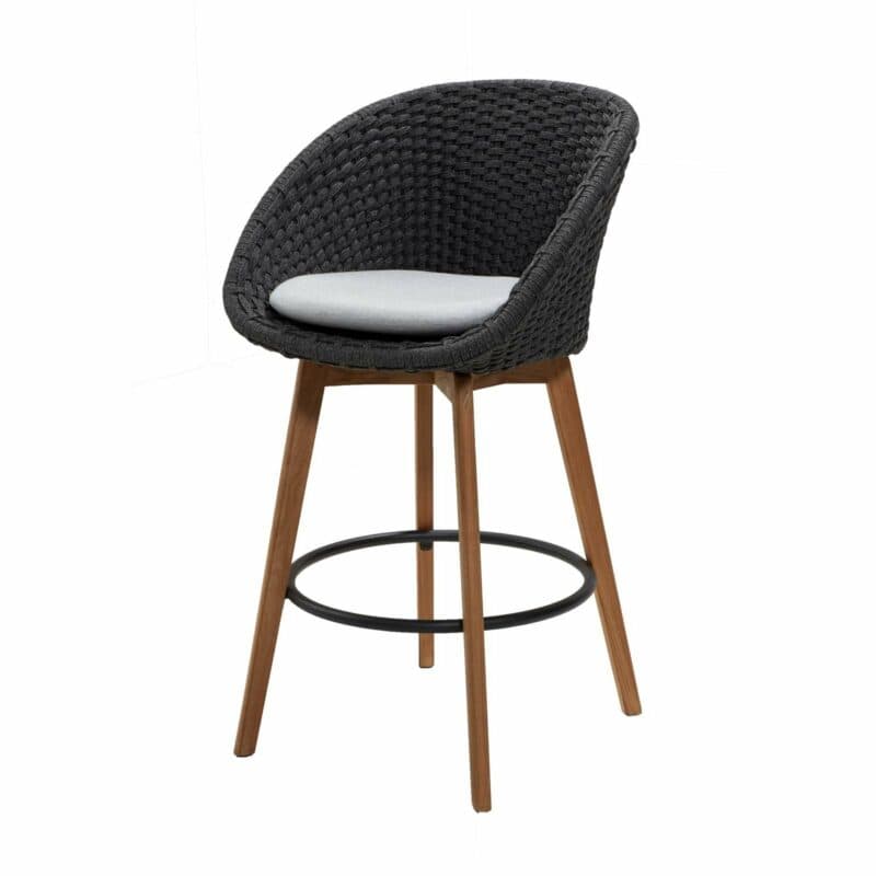 Cane-line Barhocker "Peacock", Gestell Teakholz, Soft Rope dunkelgrau inkl. Kissen hellgrau