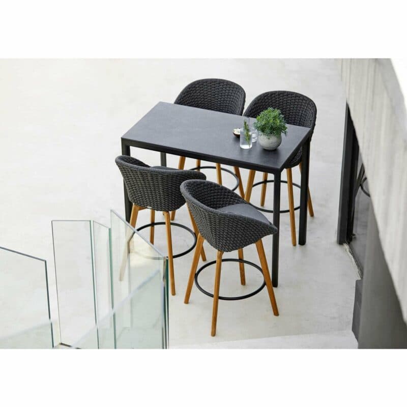 Cane-line Barhocker "Peacock", Gestell Teakholz, Soft Rope dunkelgrau mit Bartisch "Drop"