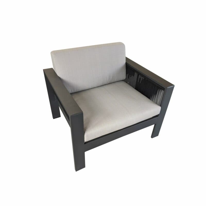 Jati&Kebon Loungesessel "Miray", Gestell Aluminum eisengrau (charcoal), Rope schwarz, Polster hellgrau