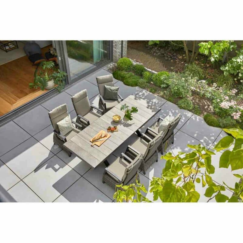 Siena Garden "Sincro" Ausziehtisch, Gestell Aluminium anthrazit matt, Tischplatte Keramik washed grey, 200/260x100 cm, "Corido" Dining-Sessel
