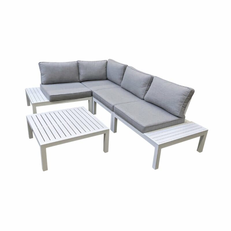 Home Islands "Laos modular" Loungegruppe, Gestelle Aluminium weiß, Polster hellgrau, Ablagen Aluminium