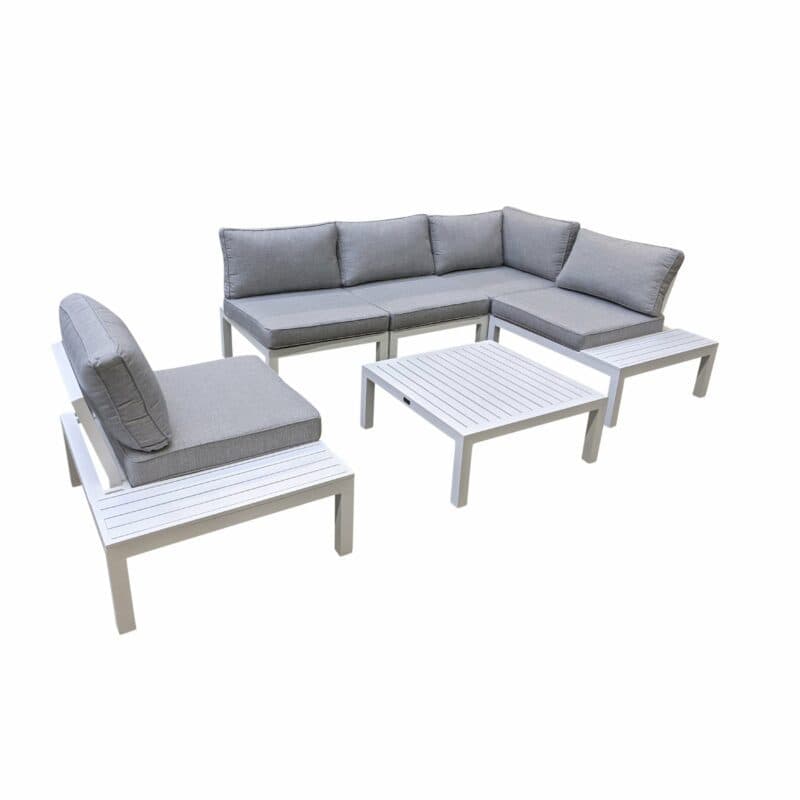 Home Islands "Laos modular" Loungegruppe, Gestelle Aluminium weiß, Polster hellgrau, Ablagen Aluminium