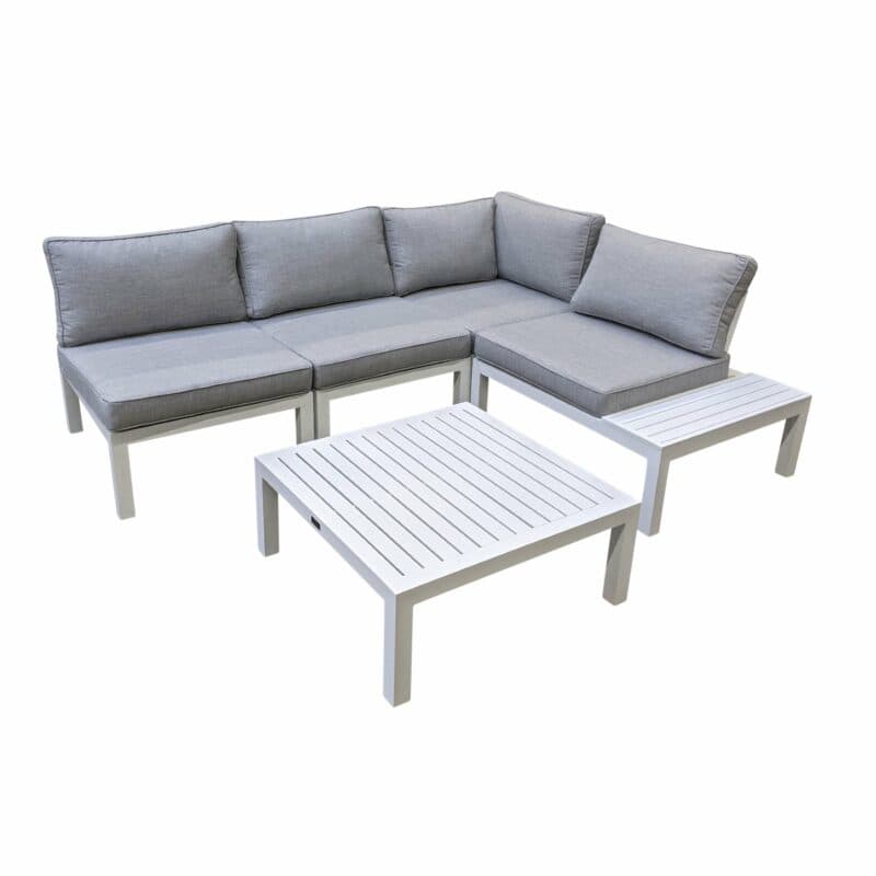 Home Islands "Laos modular" Loungegruppe, Gestelle Aluminium weiß, Polster hellgrau, Ablagen Aluminium