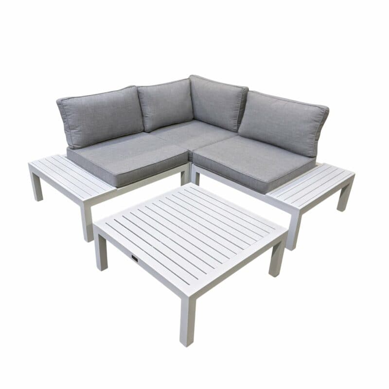 Home Islands "Laos modular" Loungegruppe, Gestelle Aluminium weiß, Polster hellgrau, Ablagen Aluminium