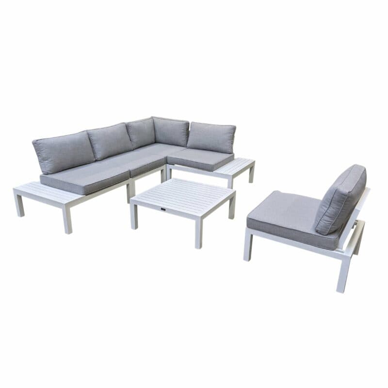 Home Islands "Laos modular" Loungegruppe, Gestelle Aluminium weiß, Polster hellgrau, Ablagen Aluminium