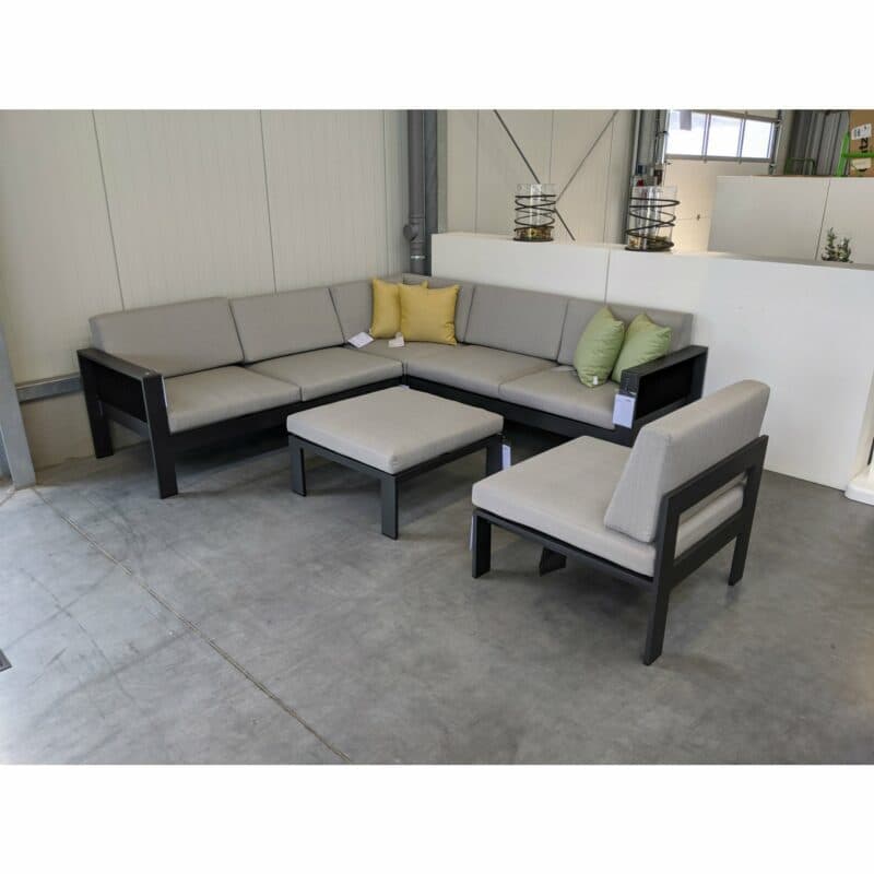 Jati&Kebon Eck-Loungeset "Miray" mit 2-Sitzer Seitenteil rechts & links, Eckteil, Hocker & Mittelteil, Aluminium eisengrau, Rope schwarz, Kissen hellgrau, Dekokissen separat erhältlich