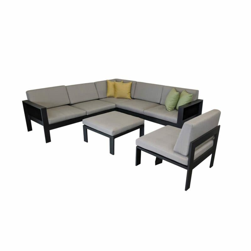 Jati&Kebon Eck-Loungeset "Miray" mit 2-Sitzer Seitenteil rechts & links, Eckteil, Hocker & Mittelteil, Aluminium eisengrau, Rope schwarz, Kissen hellgrau, Dekokissen separat erhältlich