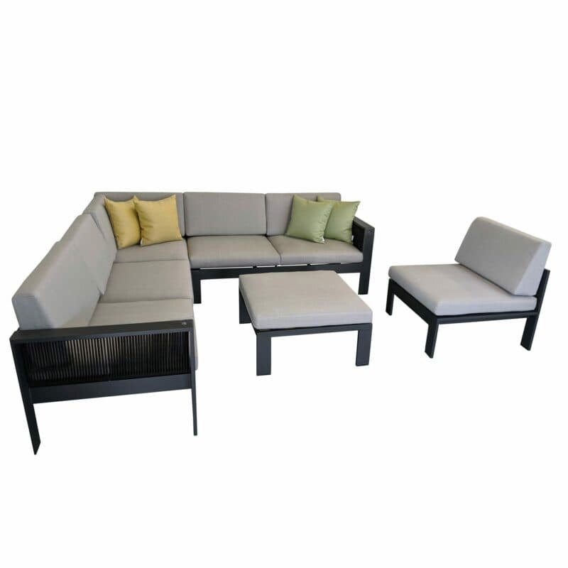 Jati&Kebon Eck-Loungeset "Miray" mit 2-Sitzer Seitenteil rechts & links, Eckteil, Hocker & Mittelteil, Aluminium eisengrau, Rope schwarz, Kissen hellgrau, Dekokissen separat erhältlich