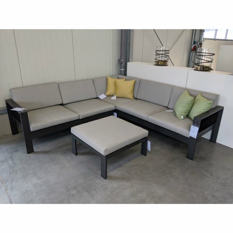 Jati&Kebon Eck-Loungeset "Miray" mit 2-Sitzer Seitenteil rechts & links, Eckteil & Hocker, Aluminium eisengrau, Rope schwarz, Kissen hellgrau, Dekokissen separat erhältlich