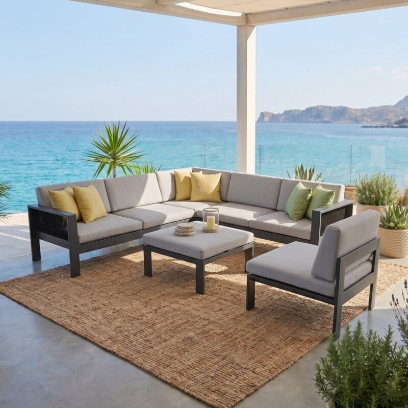 Jati&Kebon "Miray" Eck-Loungeset inkl. 1-Sitzer und Hocker, Aluminium eisengrau, Rope schwarz, Kissen hellgrau (Bild KI-generiert)