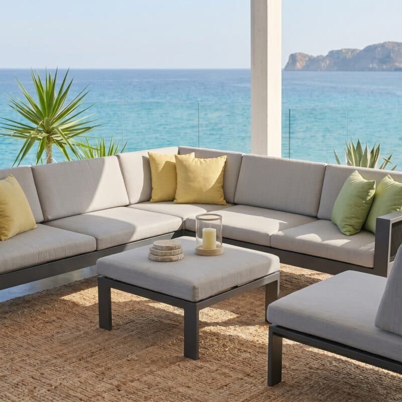 Jati&Kebon "Miray" Eck-Loungeset inkl. 1-Sitzer und Hocker, Aluminium eisengrau, Rope schwarz, Kissen hellgrau (Bild KI-generiert)