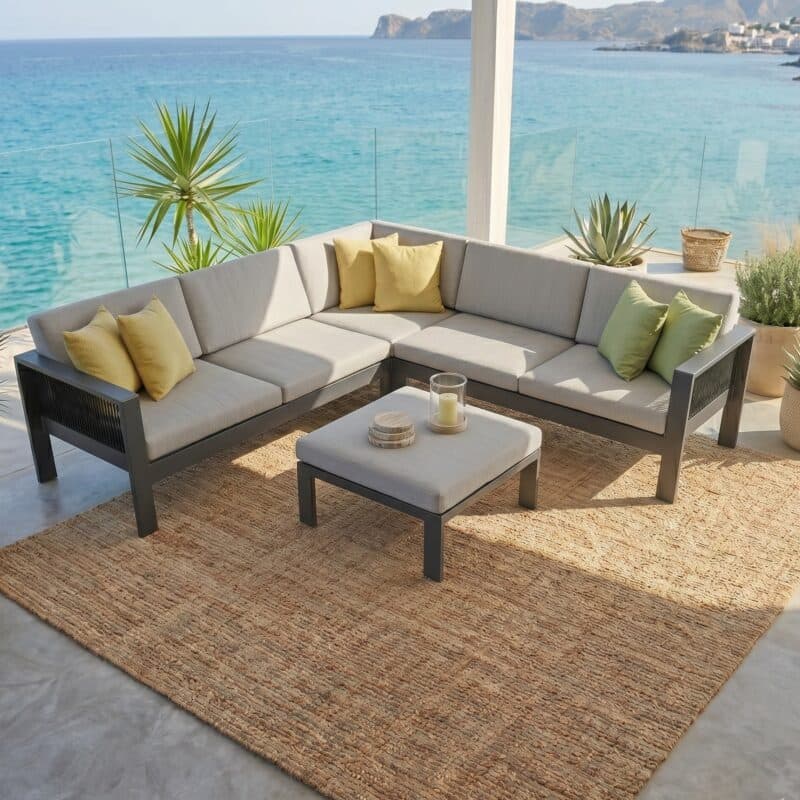 Jati&Kebon "Miray" Eck-Loungeset inkl. Hocker, Aluminium eisengrau, Rope schwarz, Kissen hellgrau (Bild KI-generiert)