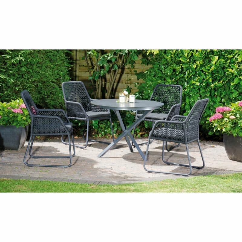 SonnenPartner Gartensessel "Poison", Gestell Aluminium anthrazit, Bespannung Polyrope dunkelgrau, Sitzkissen grau, Tisch "Base-Spectra"