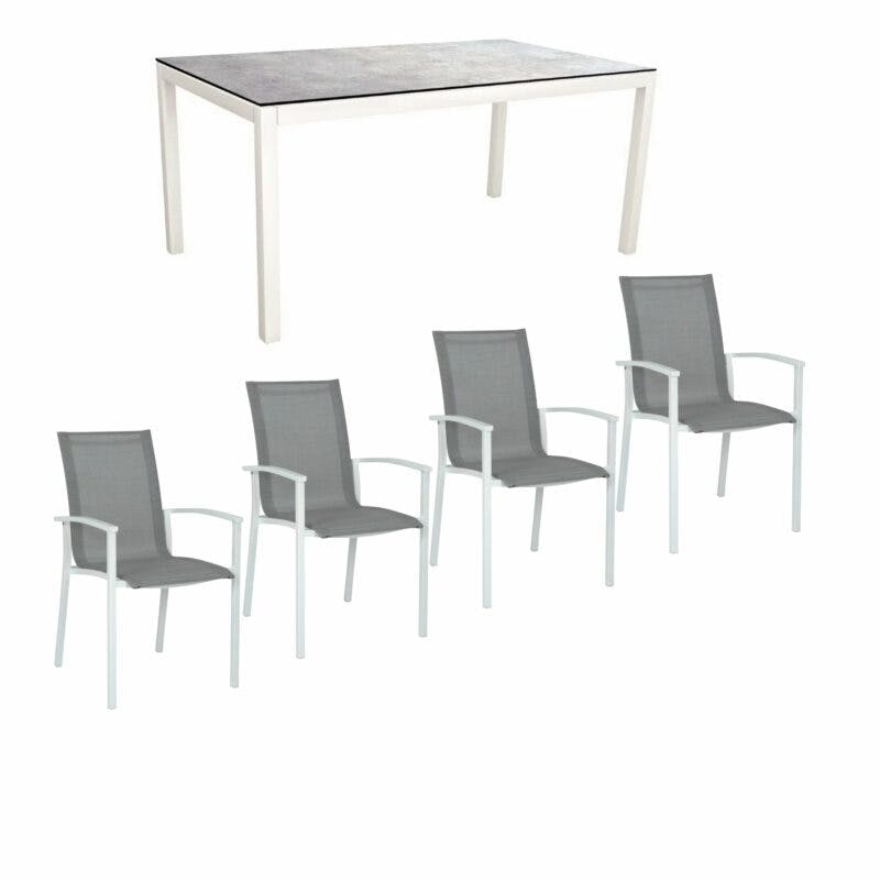 Stern Gartenmöbel-Set "Evoee", Gestelle Aluminium weiß, Sitzfläche Textilgewebe silberfarben, Tischplatte HPL