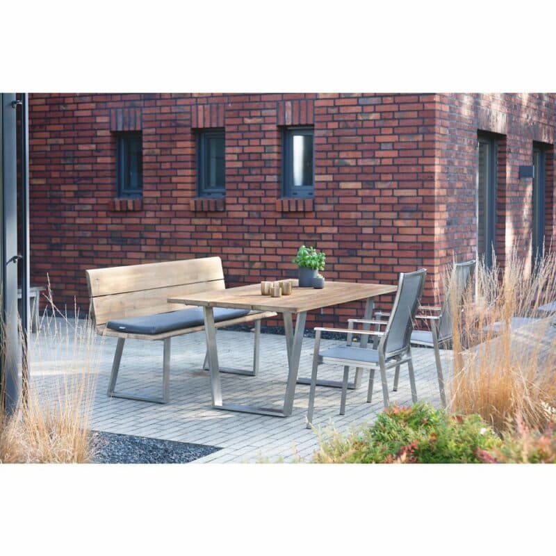 Niehoff Gartentisch "Noah" mit Trapezkufe Edelstahl, Platte Teak, Gartenstuhl "Scalea" und Bank "Nova"