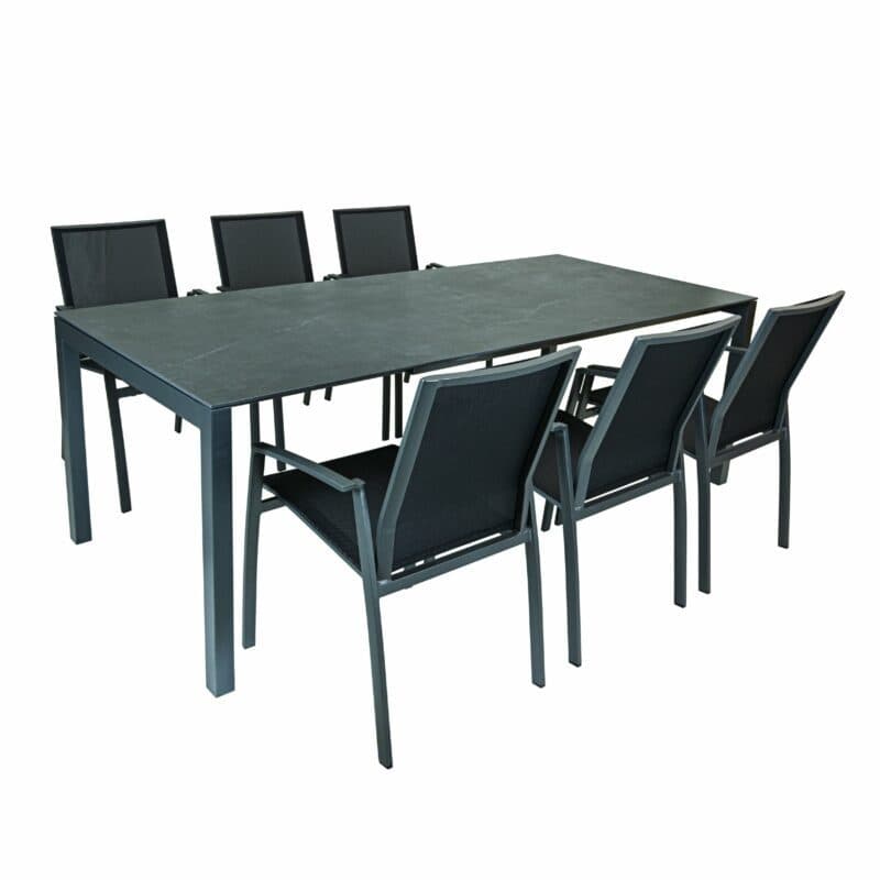 SIT Mobilia Gartenmöbel-Set mit Ausziehtisch "Etna" Aluminium anthrazit/Platte Dekton Laos, 6x Stapelstuhl "Argentina II" Aluminium anthrazit/Textilen schwarz