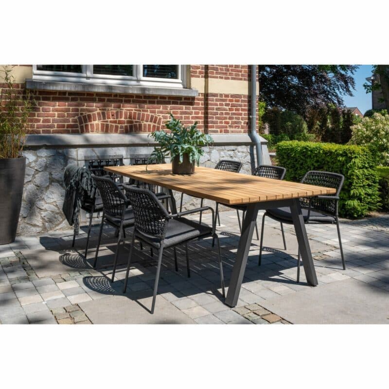 4Seasons Outdoor Gartenmöbelset mit "Barista" Diningsessel, Gestell Edelstahl anthrazit, Sitz Rope anthrazit, Kissen Olefin grau, und "Ambassador" Gartentisch 240x100 cm, Gestell Edelstahl anthrazit, Tischplatte Teak